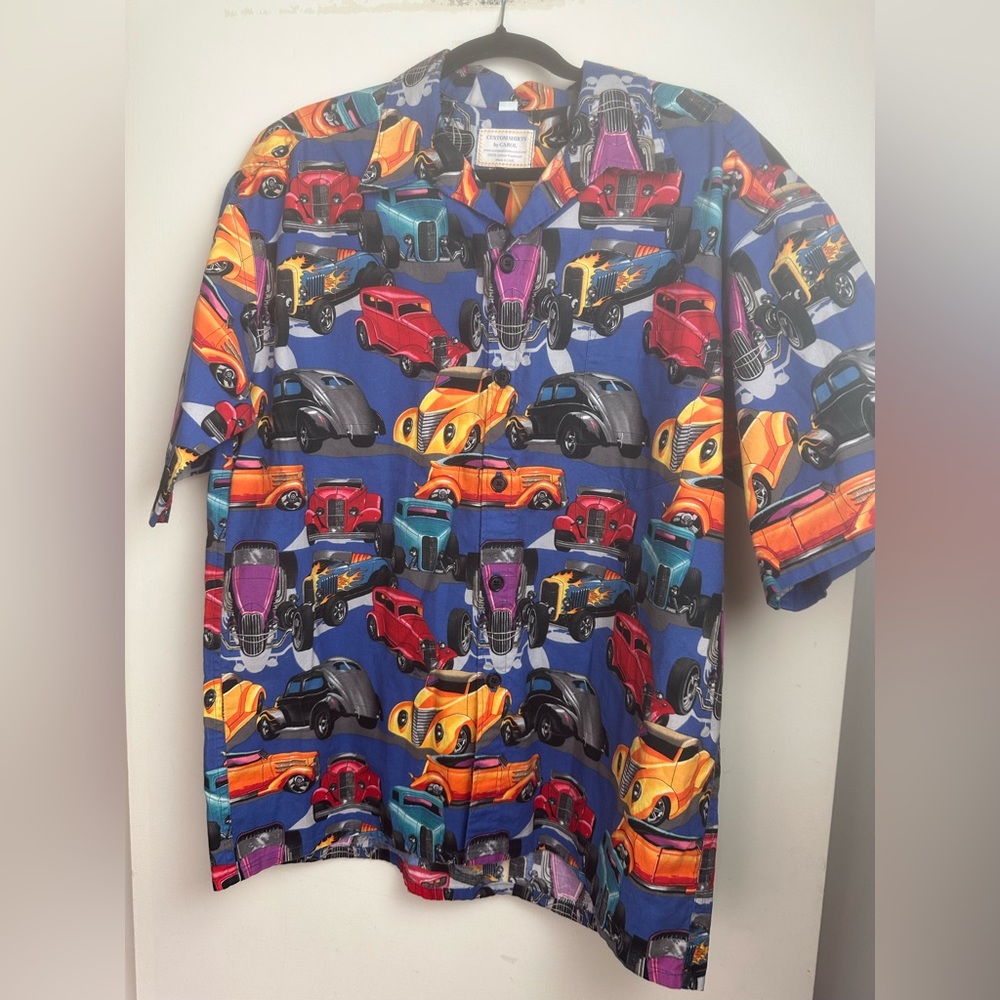 Custom Shirts By Carol Cotton 90’s/Y2K Vintage? Blue Hot Rod Button Down Shirt L